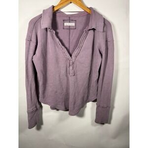 Free People Purple Waffle Knit Collared Long Sleeve Henley Top Women Medium